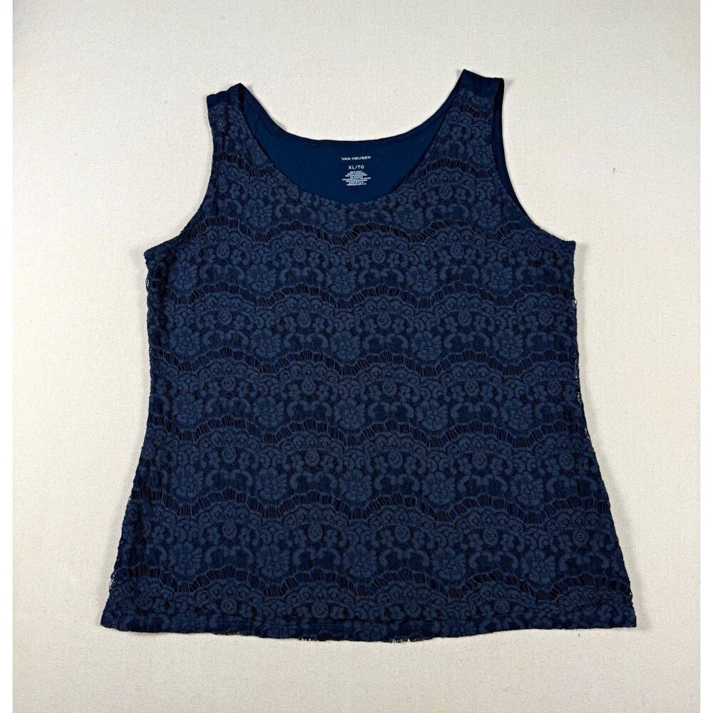 Van Heusen XL Navy Blue Floral Lace Overlay Tank Top Coquette Whimsigoth USA